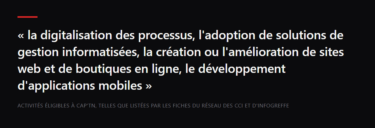 Citation : « la digitalisation des processus, l'adoption de solutions de gestion informatisées, la création ou l'amélioration de sites web et de boutiques en ligne, le développement d'applications mobiles » — Activités éligibles à CAP'TN, telles que listées par les fiches du réseau des CCI et d'Infogreffe