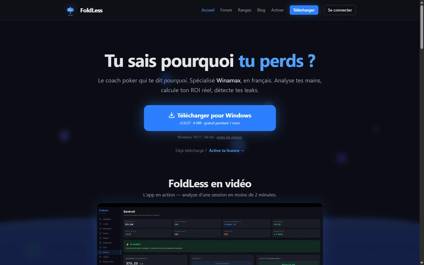 Page d'accueil du site FoldLess, coach poker Winamax
