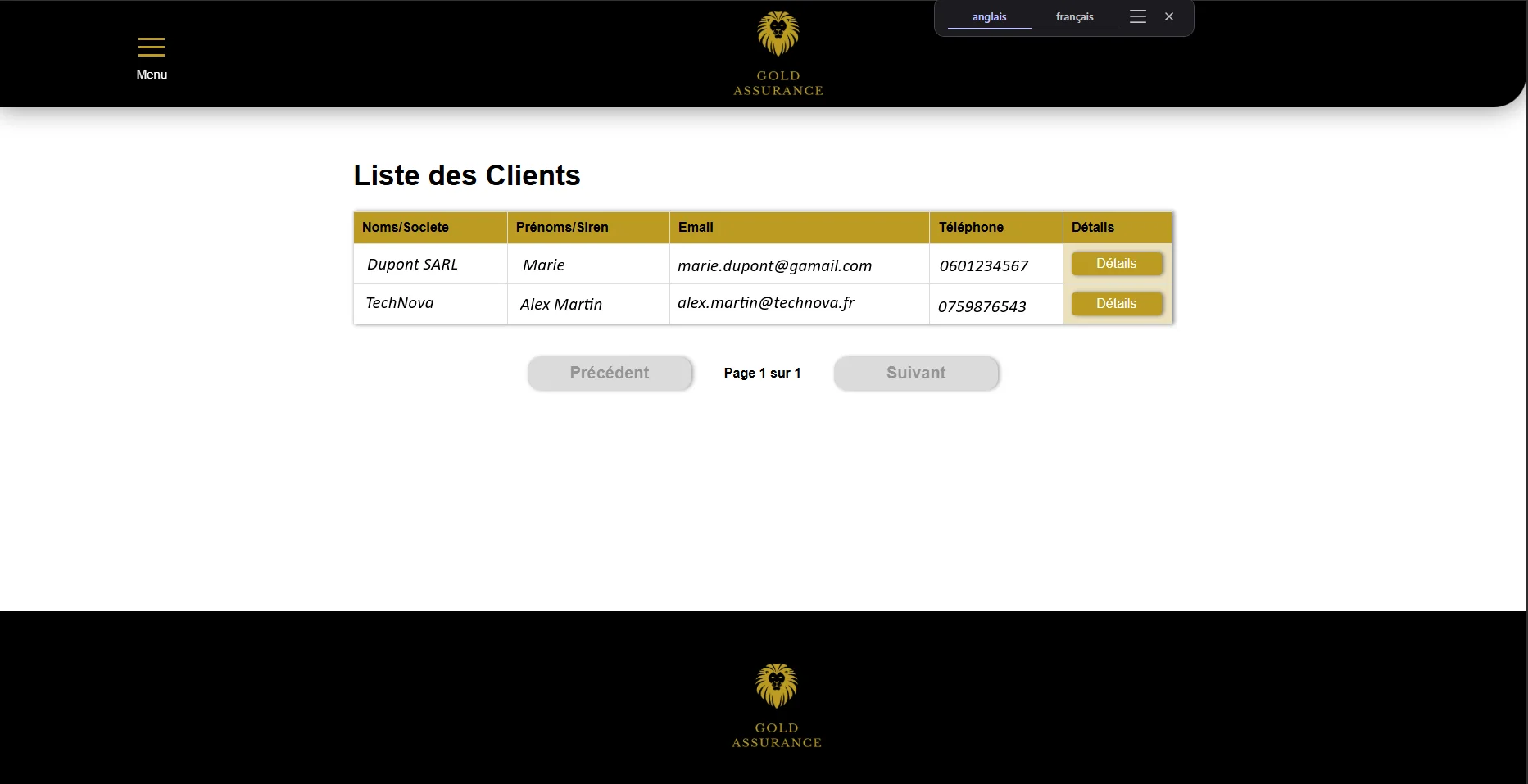 Capture d'écran du tableau de bord de Gold Assurance
